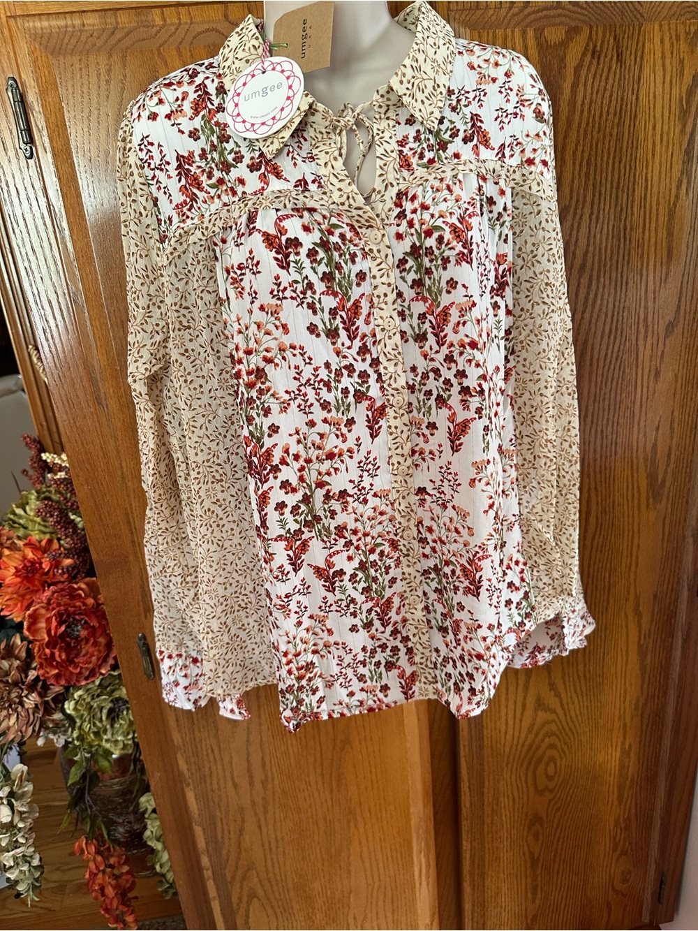 Umgee Cream Floral Peasant Blouse with Red and Green Print